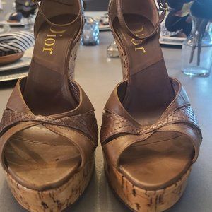 Dior Brown Leather and Cork Wedge Peep Toe Sandals